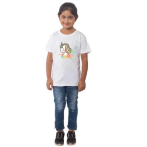 generic girls cotton unicorn face half sleeve tshirt (white)