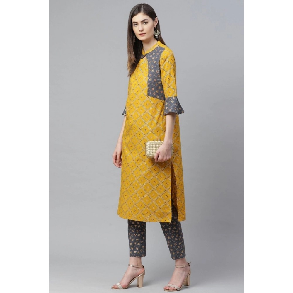 generic women's casual bell sleeves geomatrical printed cotton kurti set (yellow) generic women's casual bell sleeves geomatrical printed cotton kurti set (yellow)