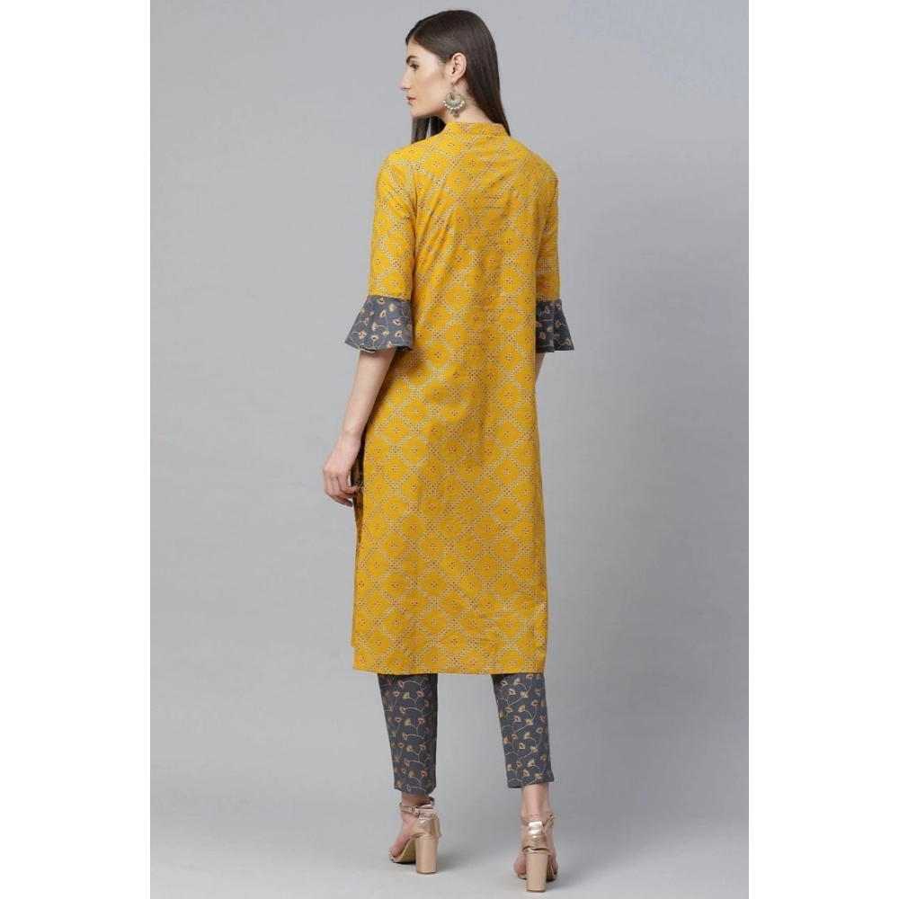 generic women's casual bell sleeves geomatrical printed cotton kurti set (yellow) generic women's casual bell sleeves geomatrical printed cotton kurti set (yellow)