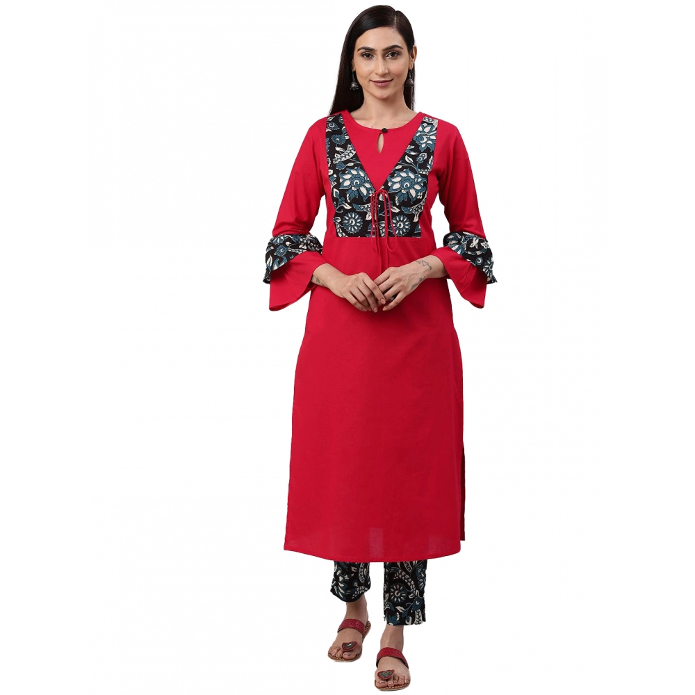 generic women's casual bell sleeves floral printed cotton kurti set (rani pink) generic women's casual bell sleeves floral printed cotton kurti set (rani pink)