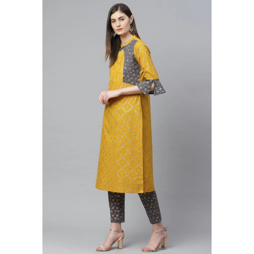generic women's casual bell sleeves geomatrical printed cotton kurti set (yellow) generic women's casual bell sleeves geomatrical printed cotton kurti set (yellow)
