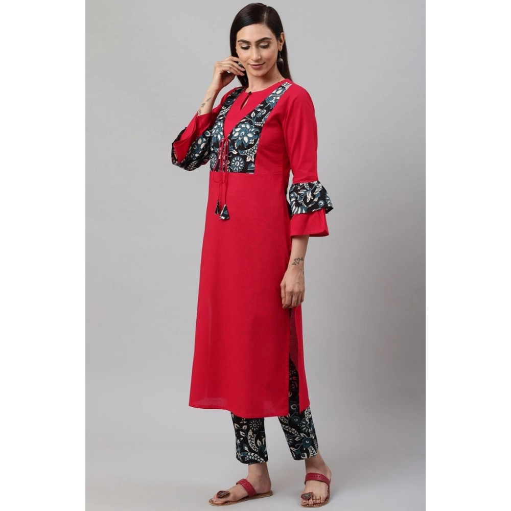generic women's casual bell sleeves floral printed cotton kurti set (rani pink) generic women's casual bell sleeves floral printed cotton kurti set (rani pink)