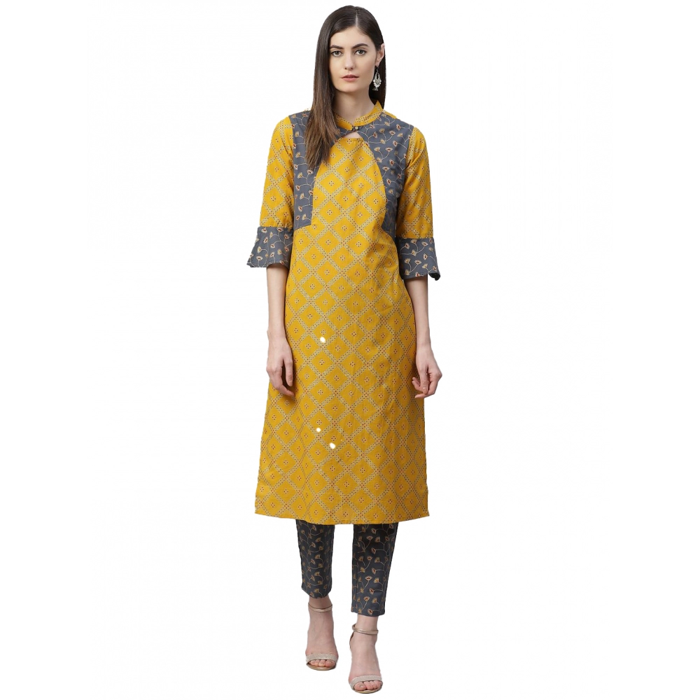 generic women's casual bell sleeves geomatrical printed cotton kurti set (yellow) generic women's casual bell sleeves geomatrical printed cotton kurti set (yellow)