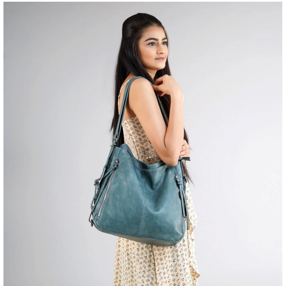 generic women's pu leather medium shoulder zipper handbag (blue) generic women's pu leather medium shoulder zipper handbag (blue)