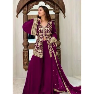 generic women's georgette embroidery 3 4th sleeve v neck kurti, palazzo and dupatta set (wine)