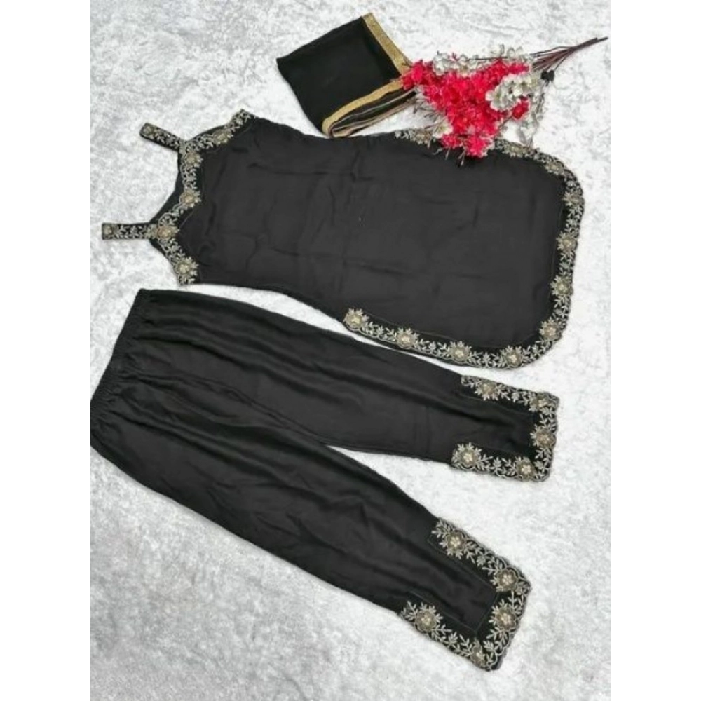 generic women's georgette embroidery sleeveless round neck kurti, palazzo and dupatta set (black) generic women's georgette embroidery sleeveless round neck kurti, palazzo and dupatta set (black)