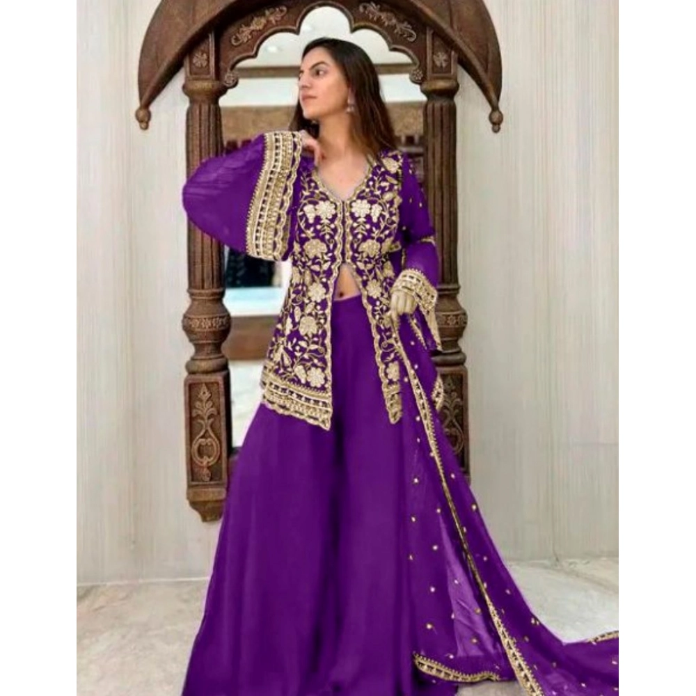 generic women's georgette embroidery 3 4th sleeve v neck kurti, palazzo and dupatta set (purple) generic women's georgette embroidery 3 4th sleeve v neck kurti, palazzo and dupatta set (purple)