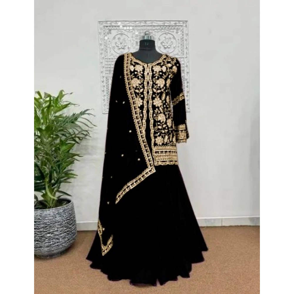generic women's georgette embroidery 3 4th sleeve v neck kurti, palazzo and dupatta set (black) generic women's georgette embroidery 3 4th sleeve v neck kurti, palazzo and dupatta set (black)