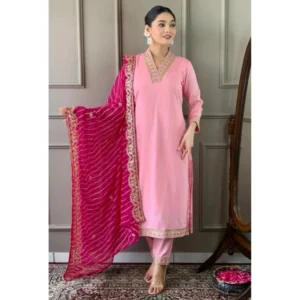 generic women's roman silk embroidery 3 4th sleeve v neck kurti with pant dupatta set (pink)