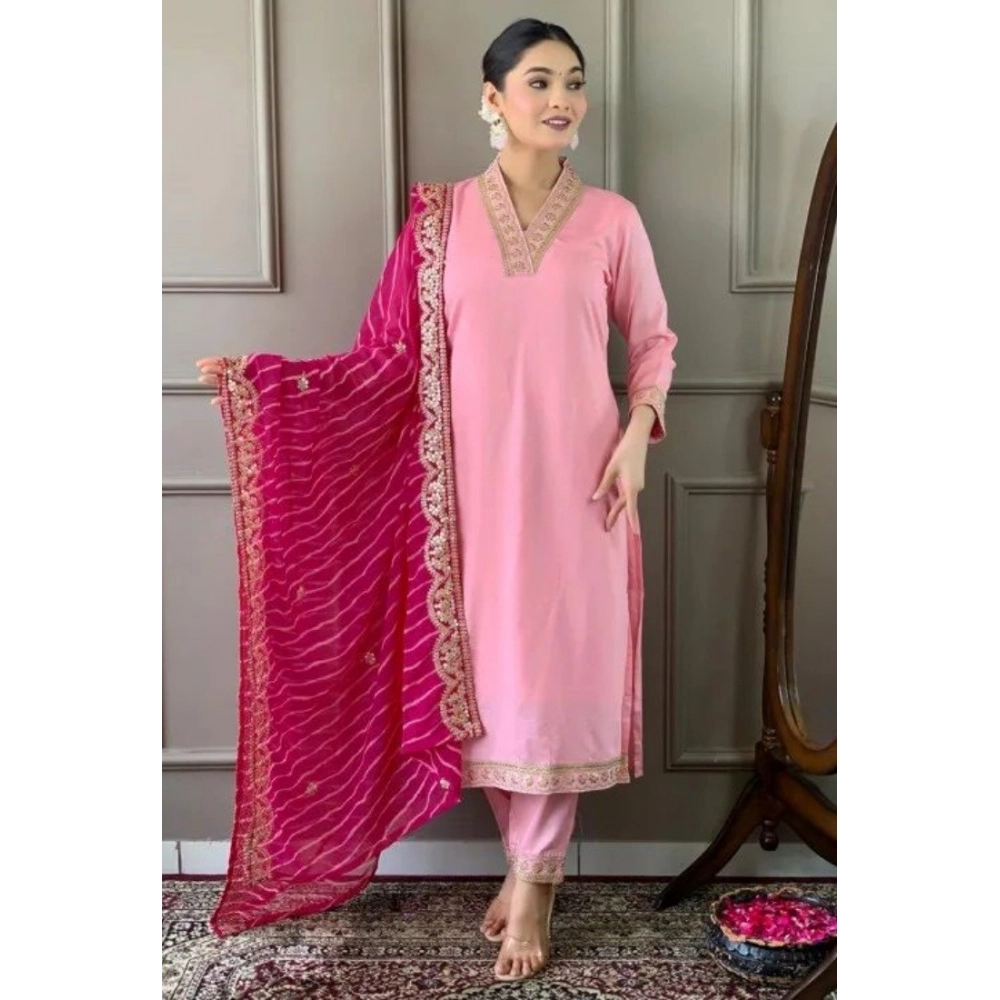 generic women's roman silk embroidery 3 4th sleeve v neck kurti with pant dupatta set (pink) generic women's roman silk embroidery 3 4th sleeve v neck kurti with pant dupatta set (pink)