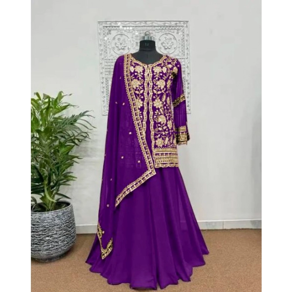 generic women's georgette embroidery 3 4th sleeve v neck kurti, palazzo and dupatta set (purple) generic women's georgette embroidery 3 4th sleeve v neck kurti, palazzo and dupatta set (purple)