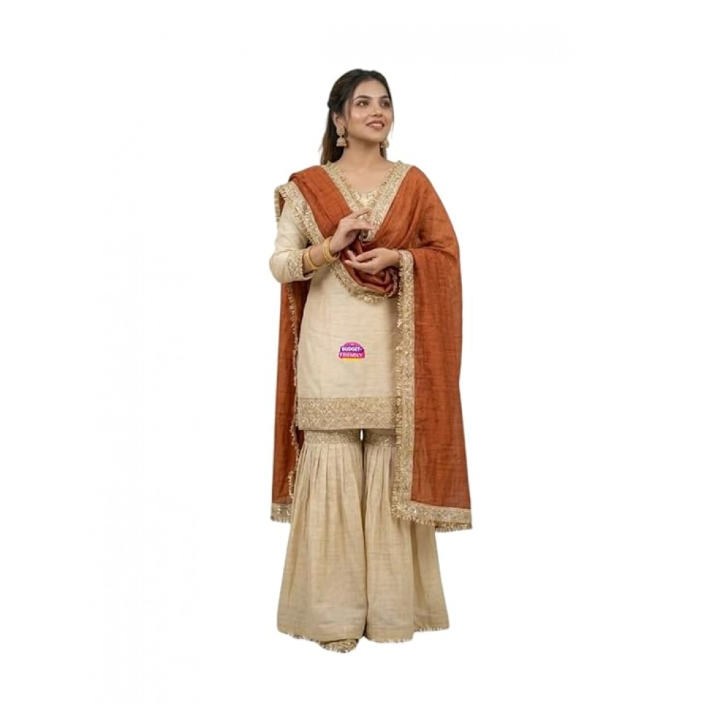 generic women's silk embroidered 3/4th sleeve v neck kurti with sharara pant and dupatta set (cream & orange) generic women's silk embroidered 3/4th sleeve v neck kurti with sharara pant and dupatta set (cream & orange)
