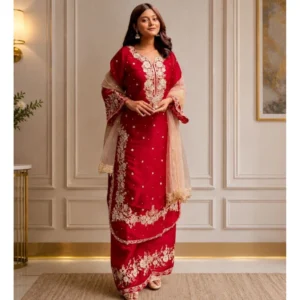generic women's silk embroidered 3/4th sleeve round readymade kurti with palazzo pant and dupatta set (red)