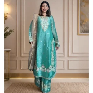 generic women's silk embroidered 3/4th sleeve round readymade kurti with palazzo pant and dupatta set (sea green)