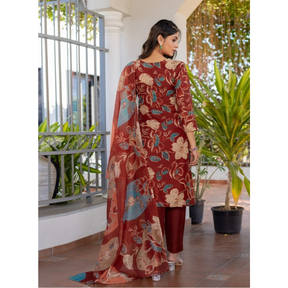 generic women's cotton blend printed kurti with pant dupatta set (rust) generic women's cotton blend printed kurti with pant dupatta set (rust)