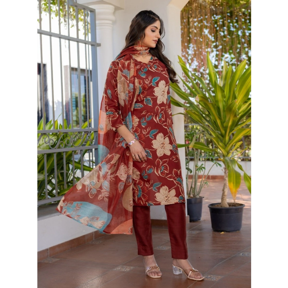 generic women's cotton blend printed kurti with pant dupatta set (rust) generic women's cotton blend printed kurti with pant dupatta set (rust)