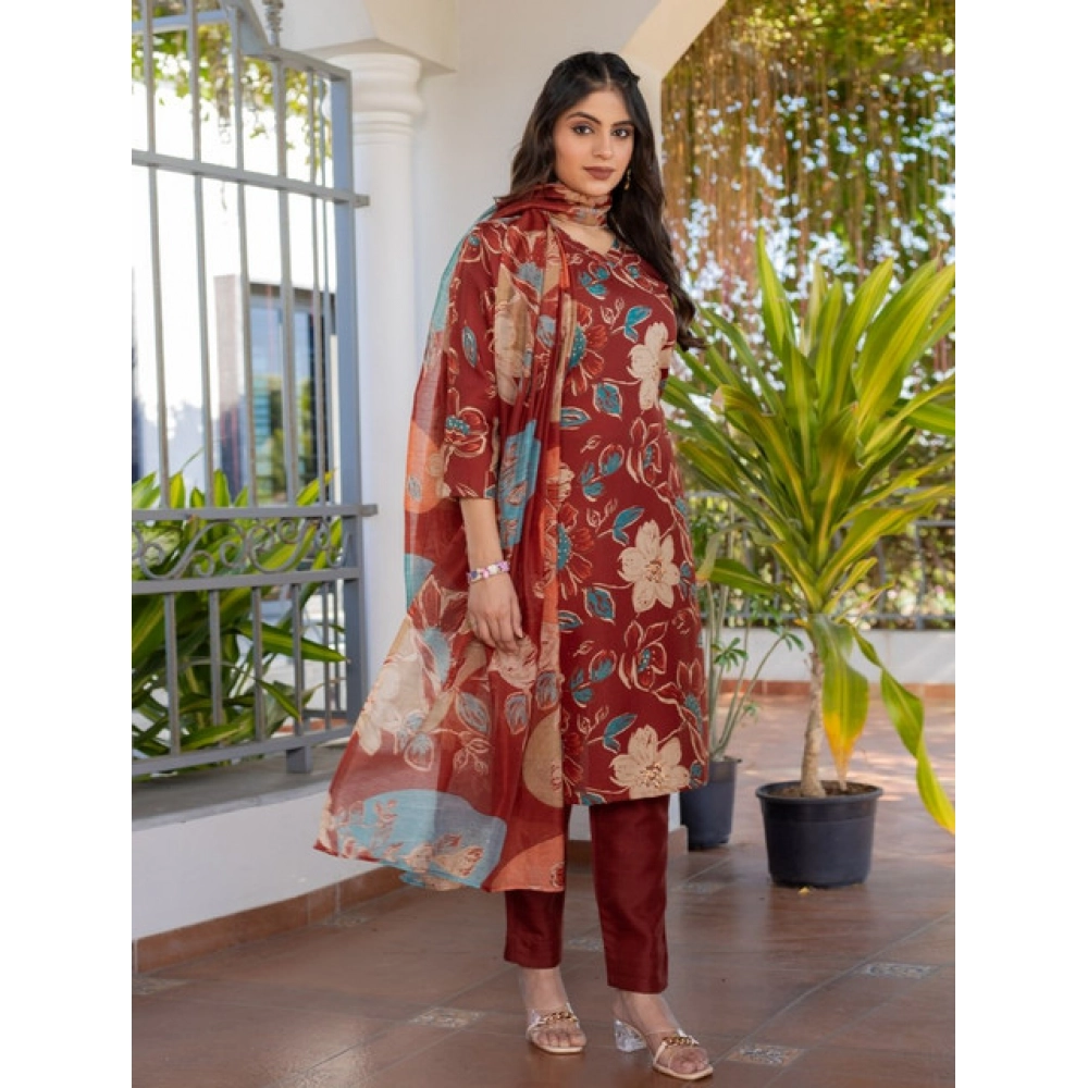 generic women's cotton blend printed kurti with pant dupatta set (rust) generic women's cotton blend printed kurti with pant dupatta set (rust)