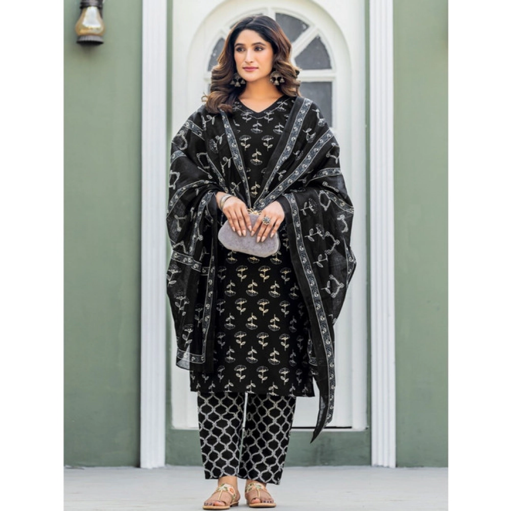 generic women's cotton blend printed kurti with pant dupatta set (black) generic women's cotton blend printed kurti with pant dupatta set (black)