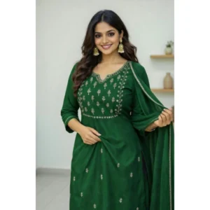 generic women's georgette ethnic motif round 3/4th sleeve kurti with pant dupatta set (green)