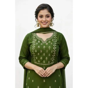 generic women's georgette ethnic motif round 3/4th sleeve kurti with pant dupatta set (mahendi)