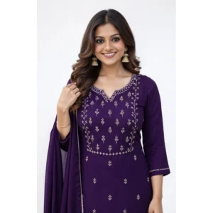 generic women's georgette ethnic motif round 3/4th sleeve kurti with pant dupatta set (purple)