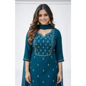 generic women's georgette ethnic motif round 3/4th sleeve kurti with pant dupatta set (teal)