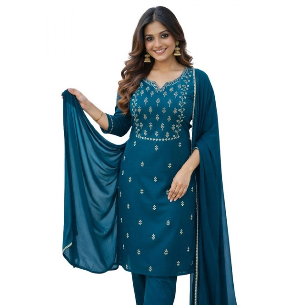 generic women's georgette ethnic motif round 3/4th sleeve kurti with pant dupatta set (teal) generic women's georgette ethnic motif round 3/4th sleeve kurti with pant dupatta set (teal)