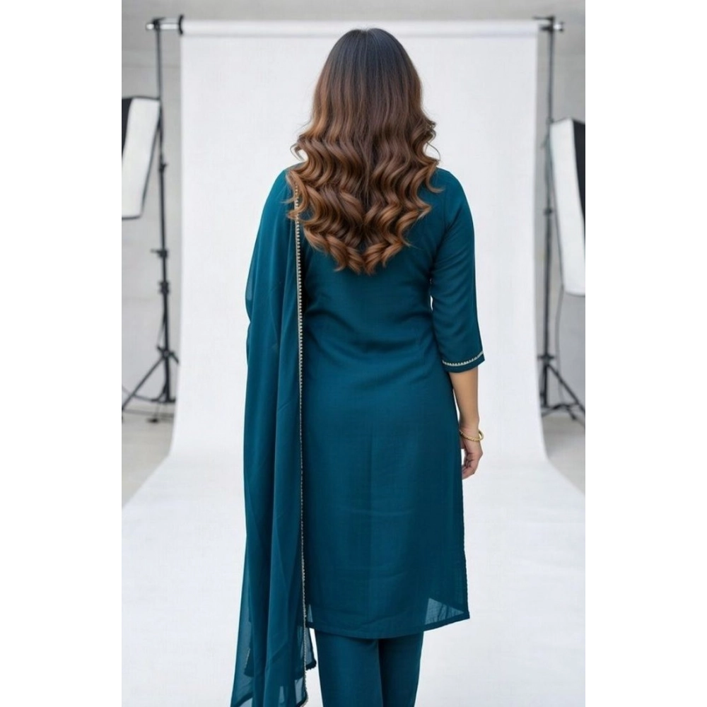 generic women's georgette ethnic motif round 3/4th sleeve kurti with pant dupatta set (teal) generic women's georgette ethnic motif round 3/4th sleeve kurti with pant dupatta set (teal)