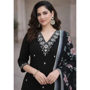 generic women's chanderi silk ethnic motif v neck 3/4th sleeve kurti with pant dupatta set (black)