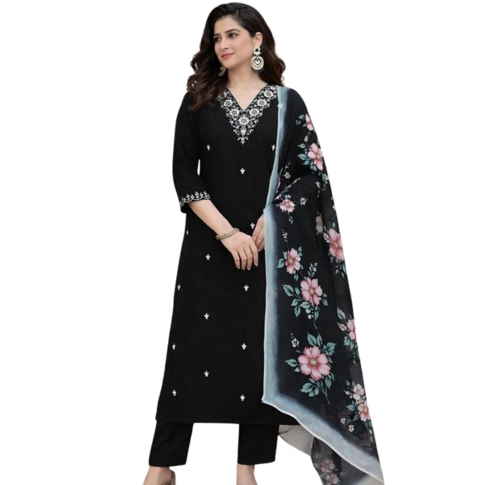 generic women's chanderi silk ethnic motif v neck 3/4th sleeve kurti with pant dupatta set (black) generic women's chanderi silk ethnic motif v neck 3/4th sleeve kurti with pant dupatta set (black)