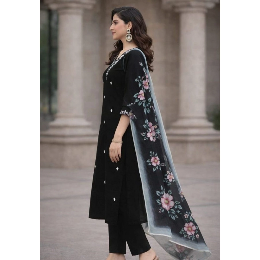 generic women's chanderi silk ethnic motif v neck 3/4th sleeve kurti with pant dupatta set (black) generic women's chanderi silk ethnic motif v neck 3/4th sleeve kurti with pant dupatta set (black)