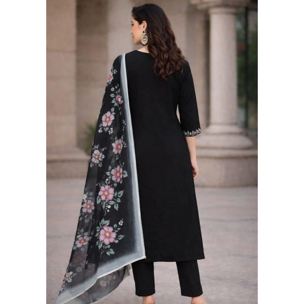 generic women's chanderi silk ethnic motif v neck 3/4th sleeve kurti with pant dupatta set (black) generic women's chanderi silk ethnic motif v neck 3/4th sleeve kurti with pant dupatta set (black)