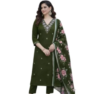 generic women's chanderi silk ethnic motif v neck 3/4th sleeve kurti with pant dupatta set (mahendi)