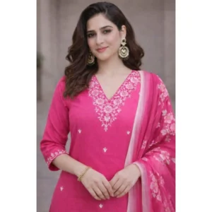 generic women's chanderi silk ethnic motif v neck 3/4th sleeve kurti with pant dupatta set (pink)