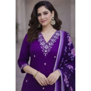 generic women's chanderi silk ethnic motif v neck 3/4th sleeve kurti with pant dupatta set (purple)