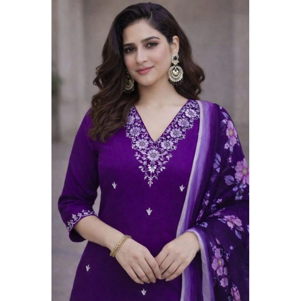 generic women's chanderi silk ethnic motif v neck 3/4th sleeve kurti with pant dupatta set (purple) generic women's chanderi silk ethnic motif v neck 3/4th sleeve kurti with pant dupatta set (purple)