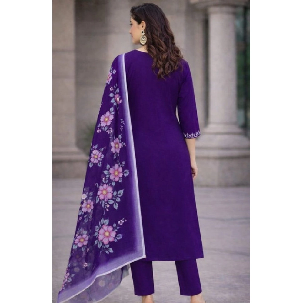 generic women's chanderi silk ethnic motif v neck 3/4th sleeve kurti with pant dupatta set (purple) generic women's chanderi silk ethnic motif v neck 3/4th sleeve kurti with pant dupatta set (purple)