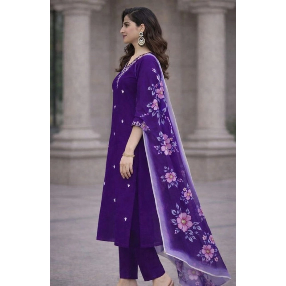 generic women's chanderi silk ethnic motif v neck 3/4th sleeve kurti with pant dupatta set (purple) generic women's chanderi silk ethnic motif v neck 3/4th sleeve kurti with pant dupatta set (purple)