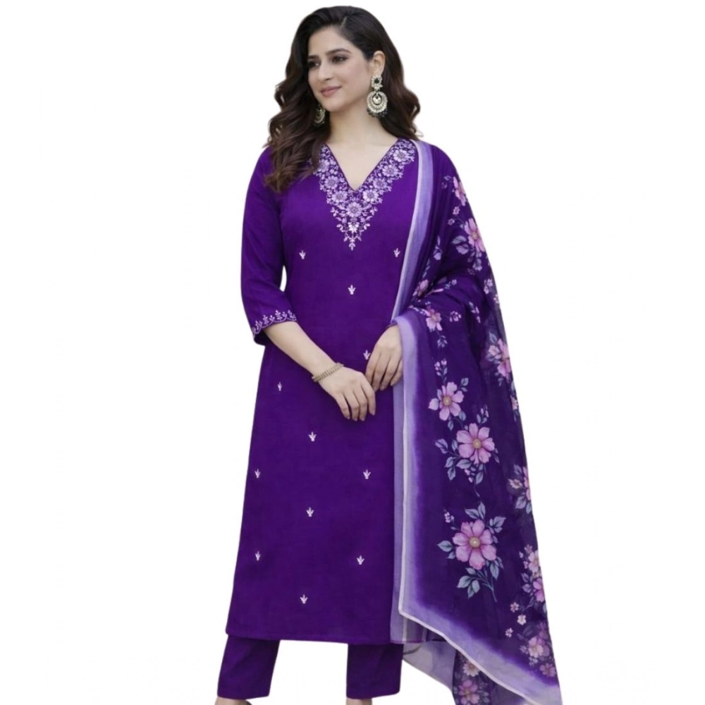 generic women's chanderi silk ethnic motif v neck 3/4th sleeve kurti with pant dupatta set (purple) generic women's chanderi silk ethnic motif v neck 3/4th sleeve kurti with pant dupatta set (purple)