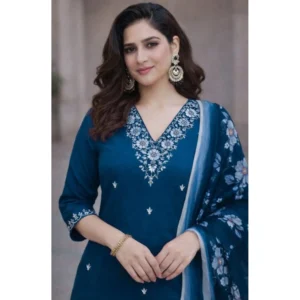 generic women's chanderi silk ethnic motif v neck 3/4th sleeve kurti with pant dupatta set (teal)