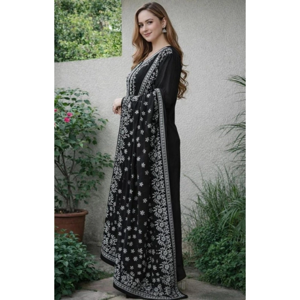 generic women's chanderi silk ethnic motif round 3/4th sleeve kurti with pant dupatta set (black) generic women's chanderi silk ethnic motif round 3/4th sleeve kurti with pant dupatta set (black)