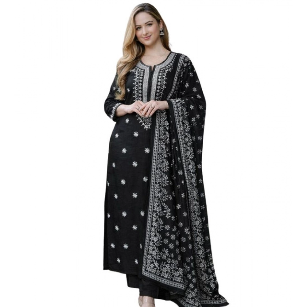 generic women's chanderi silk ethnic motif round 3/4th sleeve kurti with pant dupatta set (black) generic women's chanderi silk ethnic motif round 3/4th sleeve kurti with pant dupatta set (black)