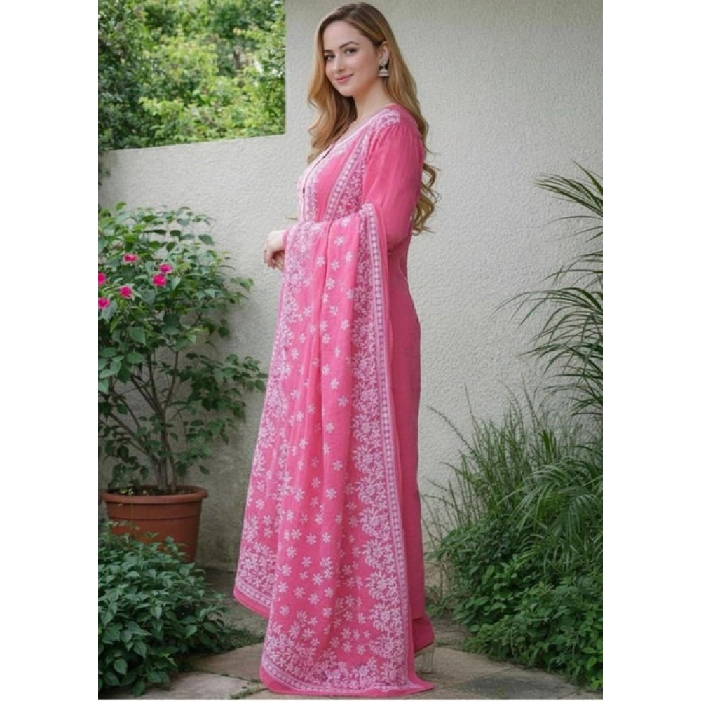 generic women's chanderi silk ethnic motif round 3/4th sleeve kurti with pant dupatta set (pink) generic women's chanderi silk ethnic motif round 3/4th sleeve kurti with pant dupatta set (pink)