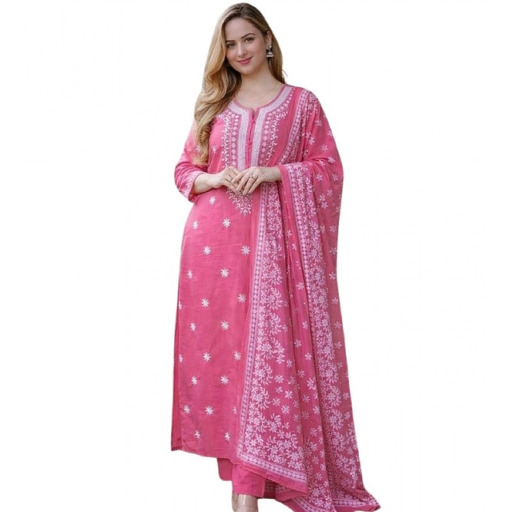 generic women's chanderi silk ethnic motif round 3/4th sleeve kurti with pant dupatta set (pink) generic women's chanderi silk ethnic motif round 3/4th sleeve kurti with pant dupatta set (pink)
