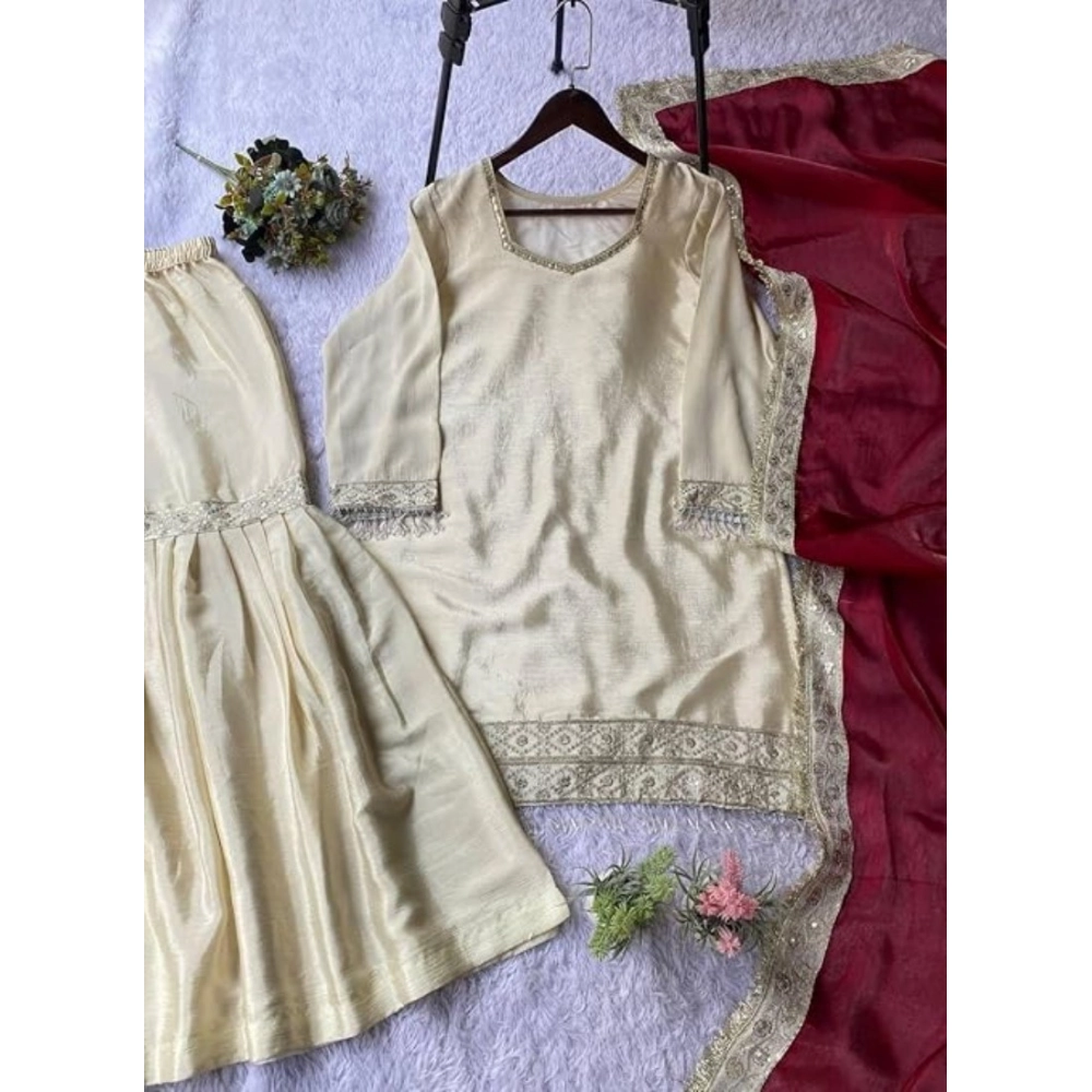 generic women's silk embroidered 3/4th sleeve v neck kurti with sharara pant and dupatta set (cream & brown) generic women's silk embroidered 3/4th sleeve v neck kurti with sharara pant and dupatta set (cream & brown)