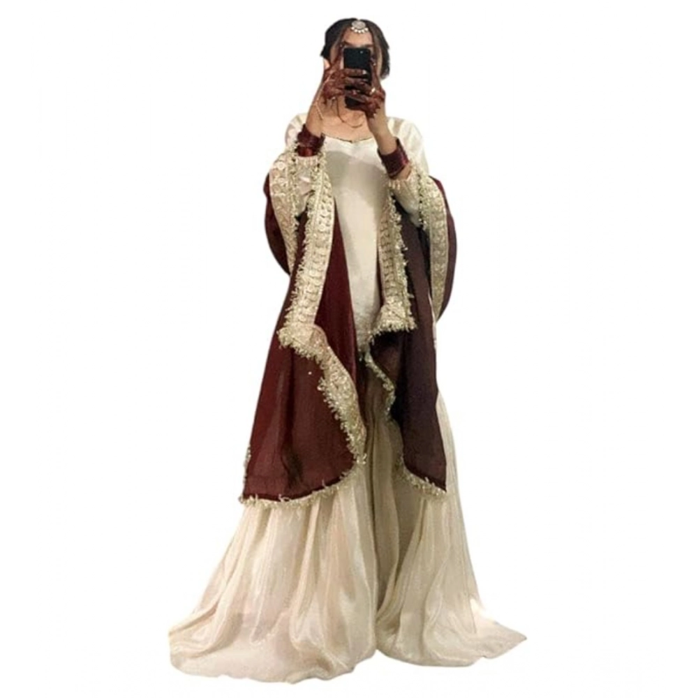 generic women's silk embroidered 3/4th sleeve v neck kurti with sharara pant and dupatta set (cream & brown) generic women's silk embroidered 3/4th sleeve v neck kurti with sharara pant and dupatta set (cream & brown)