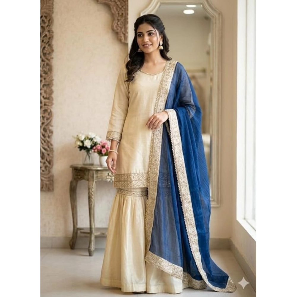 generic women's silk embroidered 3/4th sleeve v neck kurti with sharara pant and dupatta set (cream & blue) generic women's silk embroidered 3/4th sleeve v neck kurti with sharara pant and dupatta set (cream & blue)