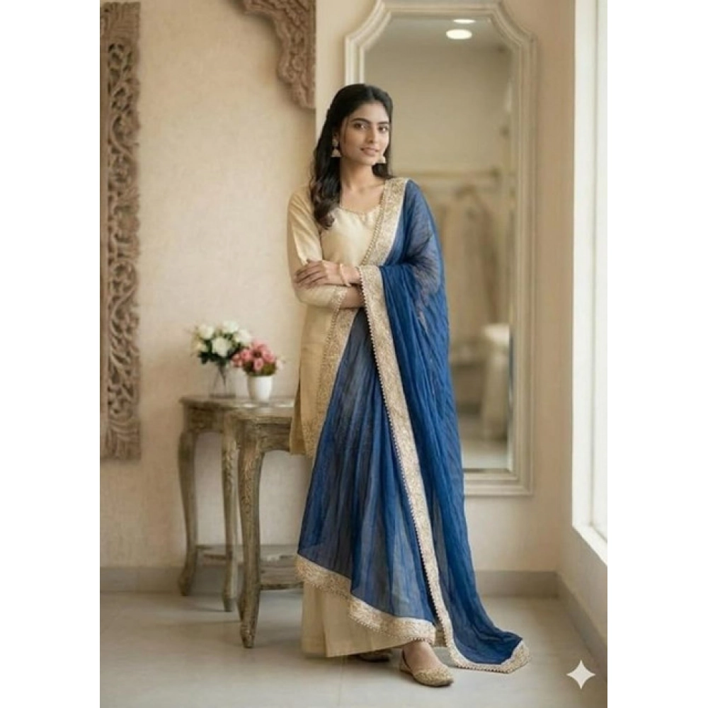 generic women's silk embroidered 3/4th sleeve v neck kurti with sharara pant and dupatta set (cream & blue) generic women's silk embroidered 3/4th sleeve v neck kurti with sharara pant and dupatta set (cream & blue)