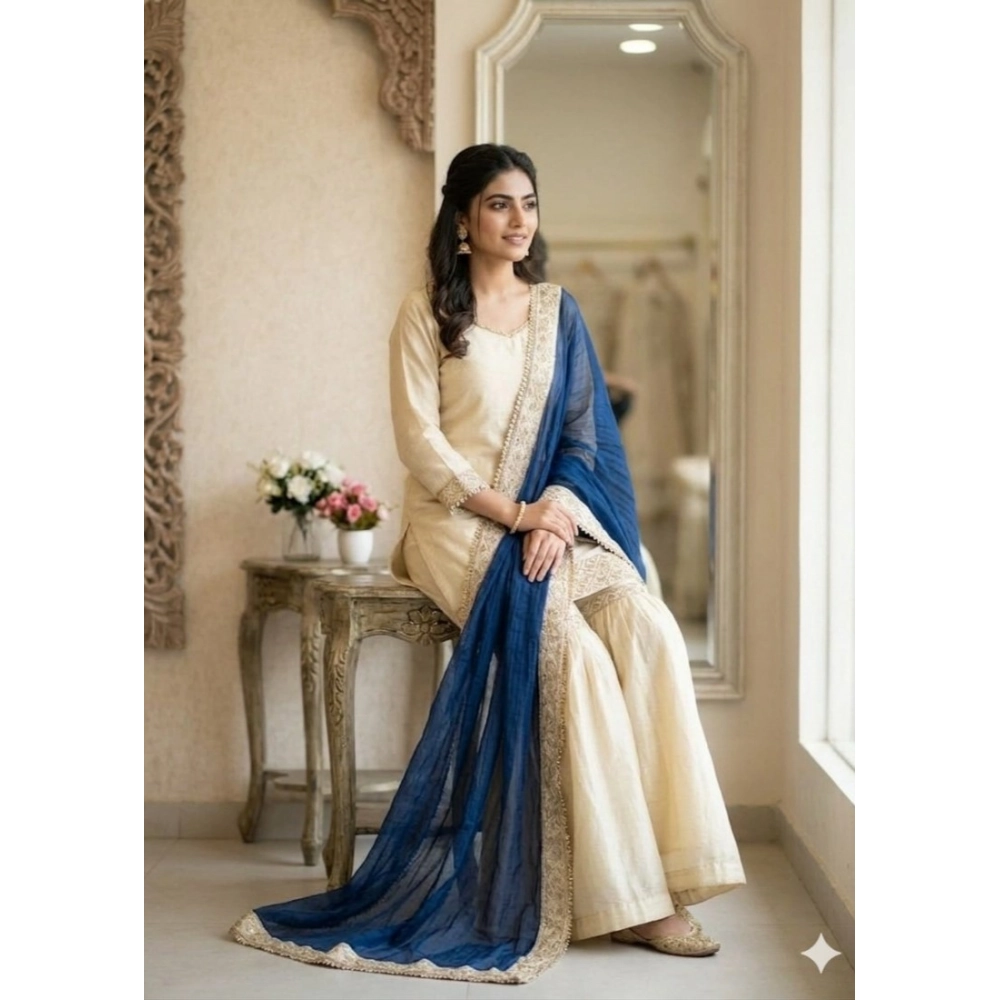 generic women's silk embroidered 3/4th sleeve v neck kurti with sharara pant and dupatta set (cream & blue) generic women's silk embroidered 3/4th sleeve v neck kurti with sharara pant and dupatta set (cream & blue)