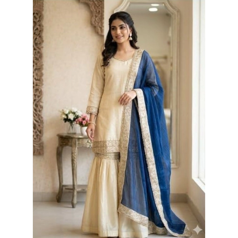 generic women's silk embroidered 3/4th sleeve v neck kurti with sharara pant and dupatta set (cream & blue) generic women's silk embroidered 3/4th sleeve v neck kurti with sharara pant and dupatta set (cream & blue)